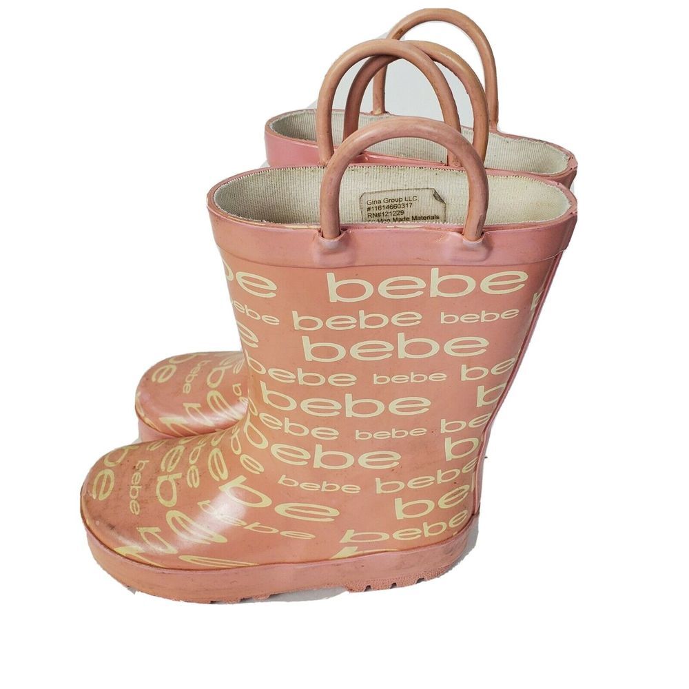 Bebe Kids Girls Rain Boots Toddler Size 9-10 White Pink Pull-On GUC
